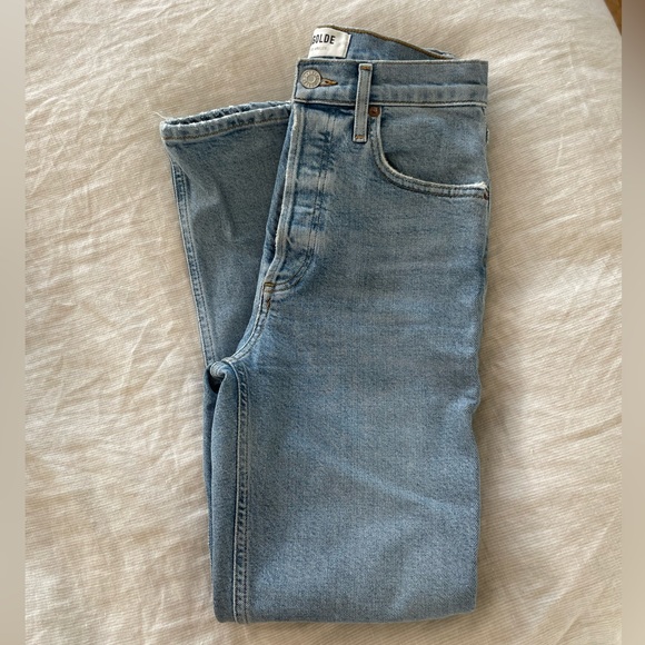 Agolde Riley high rise crop STRETCH denim, color shiver, size 24